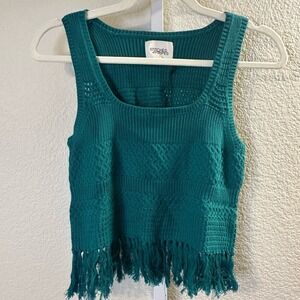 Stitches Stripes Teal Green Knit Cropped Fringe Tank Top Womens XS